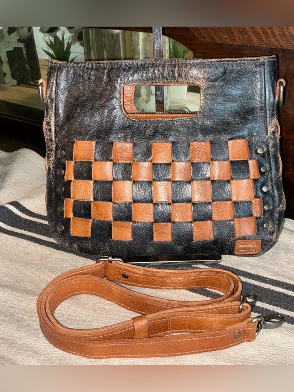 Bed Stu Leather Keiki Crossbody Bag Handbag Black Lux Tan Rustic MSRP $235